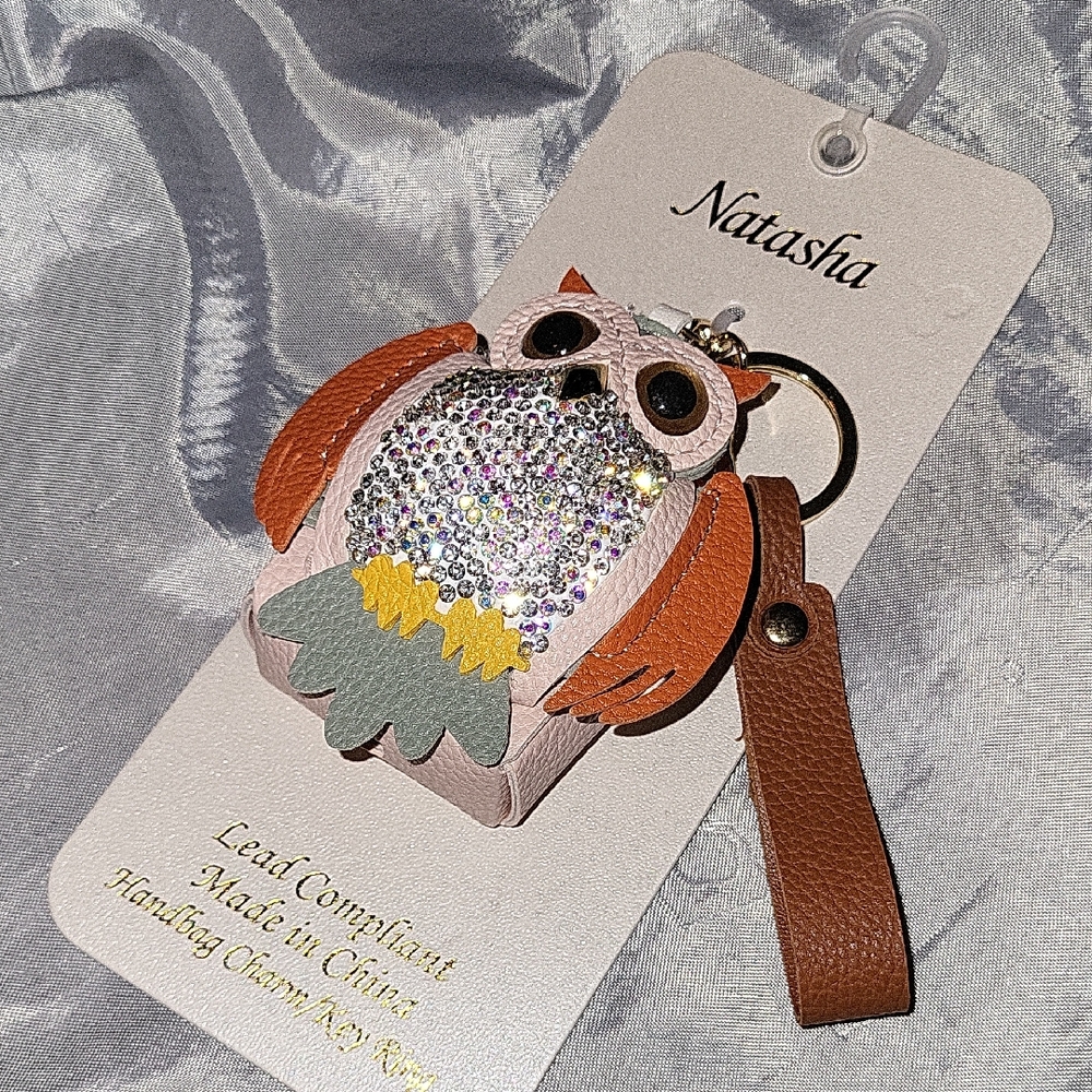 Natasha Owl Keychain with Rhinestones and Brown Strap Ti M Ls
